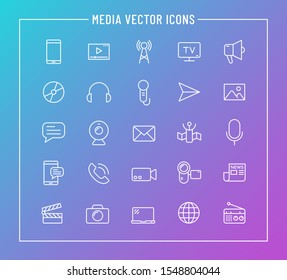 Media outline vector icons on color background. Media business concept. Media flat vector icons for web and ui design