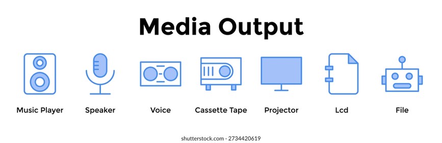 Concepto de Ilustración vectorial de Icono de Web de Anuncio de Salida de Medios Para Reproductor de Música, Altavoz, Voz, Cinta de Cassette, Proyector, Lcd, Archivo