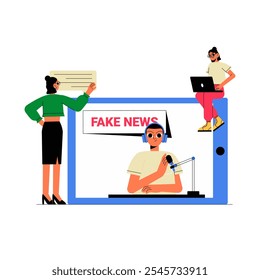 Media Panel On Fake News Awareness In Flat Vector Illustration Symbolizing Media Literacy, Critical Thinking, And Public Awareness, Isolated On White Background