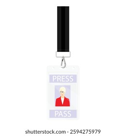 Media pass press ID card. Card badge holder with lanyard and female photo on card. Isolated on white background. Vector illustration