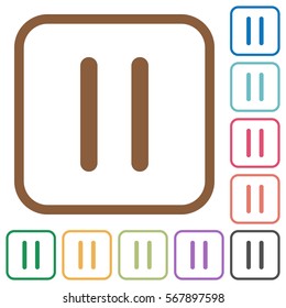 Media pause simple icons in color rounded square frames on white background
