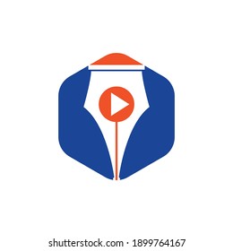 Diseño del logotipo del vector del lápiz de medios. Diseño de iconos para el logotipo de la pluma y el botón de reproducción.