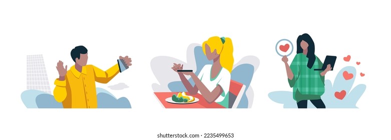 Media people record content. Video vlogging and streaming concept. Man with smartphone on city background. Girl posts a post with food review on social network. Woman with laptop and likes. Vector