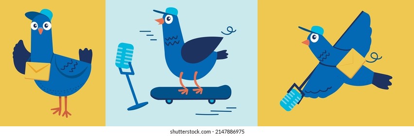 Media pigeon. Carrier pigeon character. Email concept delivery of mail and letters. Vector illustration, Bird on a skateboard.