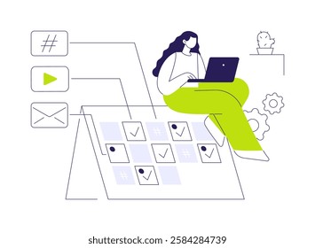 Media planning abstract concept vector illustration. Advertising agency worker with laptop planning release of promotional media, calendar software, digital marketing abstract metaphor.