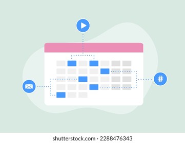 Media Planning concept. Effective entrepreneurship with strategic calendar schedule for advertising marketing campaigns. Includes e-mail newsletter, posting viral video ads, social media promotion