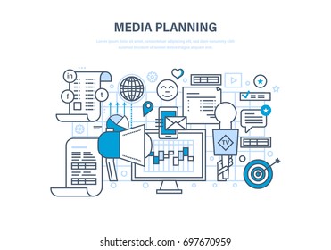 Media planning, digital marketing, advertising, promotion in social network, online business, financial analysis and research. Illustration thin line design of vector doodles, infographics elements.