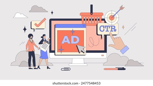 Media planning for effective ads strategy tiny person neubrutalism concept. Online marketing for brand recognition and advertisement on social media vector illustration. Click through rate analysis.