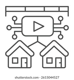 Media platform data with two houses thin line icon, neural dataset concept. Vector graphics. Local provider broadcast data sign on white background, outline style icon for mobile or web design