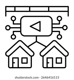 Media platform data with two houses thin line icon, neural dataset concept. Vector graphics. Local provider broadcast data sign on white background, style mobile or design