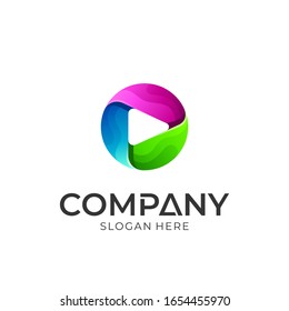 Media play button technology logo design, video player application icon