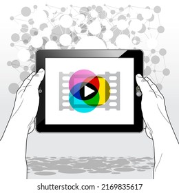 A "Media Play" icon presented on a horizontally held Tablet PC screen. A Network collection of links connect the range of media content available to play.	