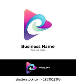 Plantilla de diseño de logotipo de letra e de reproducción multimedia con color degradado
