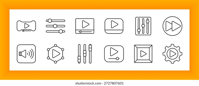 Symbol für Medienwiedergabesatz. Wiedergeben von Schaltflächen, Schiebereglern, Lautstärkesymbolen, Steuerknöpfen, Zahnrädern und geometrischen Rahmen in minimaler Kontur zur Darstellung von Video-, Audio-, Schnittstellen- und Wiedergabeeinstellungen.