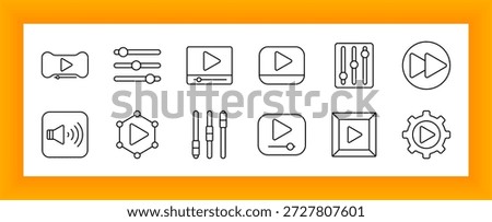Media playback set icon. Play buttons, sliders, volume icons, control knobs, gear, and geometric frames drawn in minimal outline to depict video, audio, interface, and playback settings.