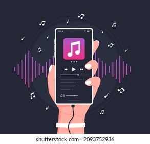 Media player app. Hand holding modern phone playing audio or radio. Smartphone music player user interface concept. Flat style vector illustration.