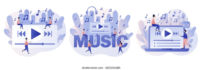 Media player app. Music play list. Tiny people listen music, sound, audio or radio online with smartphone app or laptop. Modern flat cartoon style. Vector illustration on white background