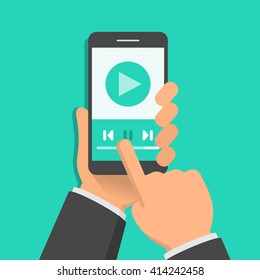 Media player app on smartphone screen. One hand holds smartphone and finger touch screen. Flat design vector illustration