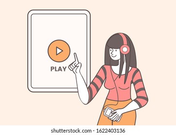 Media player app vector illustration. Radio, mobile application, smartphone with play button on screen. Smiling music lover, woman with radioreceiver and earphones isolated flat contour character