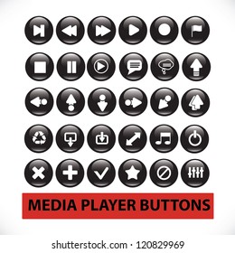 media player black glossy buttons set, vector