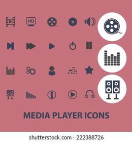 media player black icons, signs, illustrations set, vector