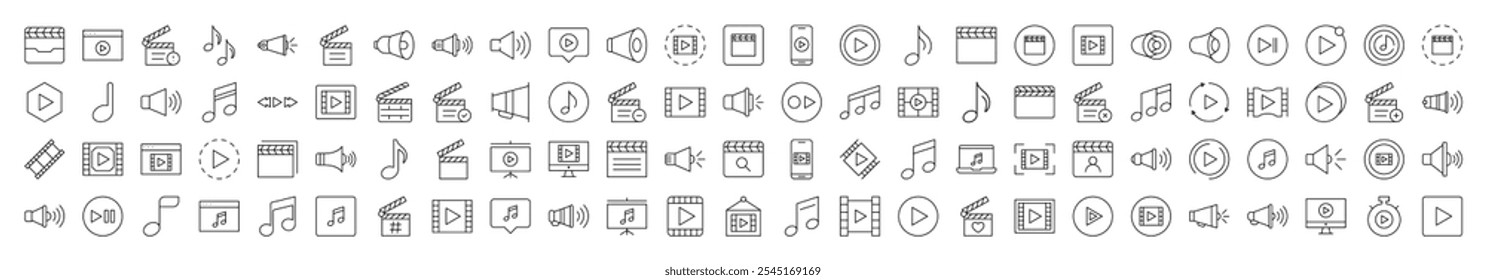 Pacote de Ícones de Linha Relacionados do Media Player. Traço editável para design, sites, aplicativos e cartões. Contém Imagens Lineares de Clapperboard, Nota Musical, Alto-falante