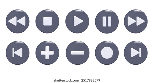 Media player button 3D icons set. Pause, rewind, fast forward icon. Ui elements. Music player buttons. Video controls. Play video icon collection. Ui template. Vector illustration