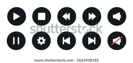 Media Player button in black round shape. Icon set with play, pause,stop, next, previous, settings symbol. Video Audio simple symbol.