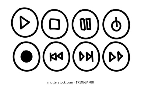 media player button icon.  set of media player button symbol hand drawn doodle vector