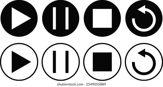 media player button icon set . Replay icon symbol.  Pause sign.collection of multimedia symbols
