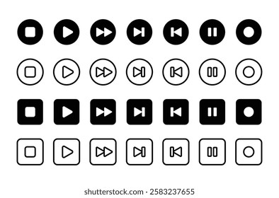 Media player button icons. Pause, rewind, fast forward Play video icon Set.
Music and video player button icons.