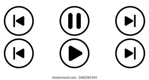 Iconos de Botón del reproductor multimedia. Reproducir y pausar Botón Video, reproductor de audio, reproductor de Botón sobre fondo blanco. eps 10.