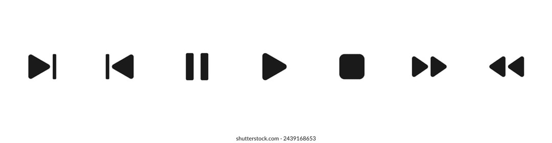 Iconos de botón del reproductor multimedia establecidos. Pausa, rebobinado, icono de avance rápido. Elementos Ui. Botones del reproductor de música. Controles de vídeo. Reproducir colección de iconos de vídeo. Plantilla Ui. Ilustración de vector