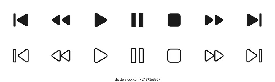 Iconos de botón del reproductor multimedia establecidos. Pausa, rebobinado, icono de avance rápido. Elementos Ui. Botones del reproductor de música. Controles de vídeo. Reproducir colección de iconos de vídeo. Plantilla Ui. Ilustración de vector