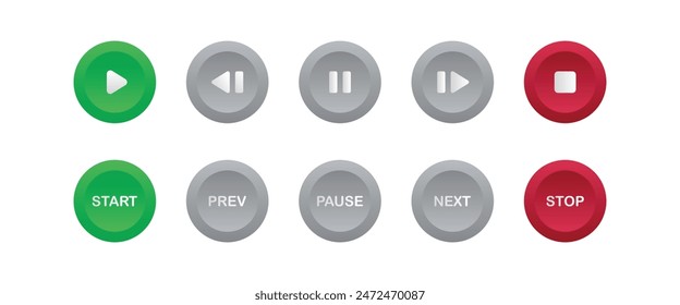 Media player button icons set. Play, start, previous, pause, next, and stop buttons.
