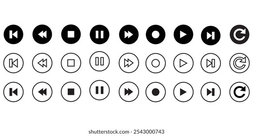 Conjunto de iconos de Botón de reproductor multimedia. Video Pausa, rebobinado, avance rápido Reproducir colección de iconos. eps 10