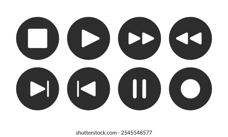 Conjunto de iconos de Botón de reproductor multimedia. Pausa, rebobinar, icono de avance rápido. Elementos Ui. Botones de reproductor de música. Video · controles. Video colección de icono de reproducción. Plantilla Ui. Ilustración vectorial