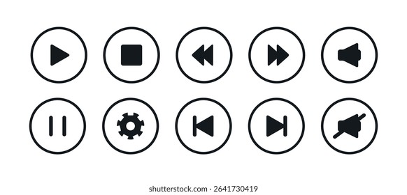 Media player button icons set. Signs in black round outline round shapes. Play pause rewind skip settings next stop volume symbol in flat minimal style. Line element Ui interface with editable stroke