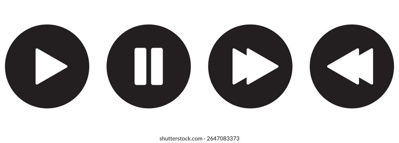 Ícones de botão do Media Player definidos. Ícone Pausar, retroceder, avançar rapidamente. Elementos da interface do usuário. Botões do player de música. Controles de vídeo. Reproduzir coleção de ícones de vídeo. Modelo de interface do usuário. Ilustração vetorial
