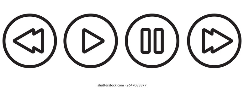 Ícones de botão do Media Player definidos. Ícone Pausar, retroceder, avançar rapidamente. Elementos da interface do usuário. Botões do player de música. Controles de vídeo. Reproduzir coleção de ícones de vídeo. Modelo de interface do usuário. Ilustração vetorial