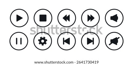 Media player button icons set. Signs in black round outline round shapes. Play pause rewind skip settings next stop volume symbol in flat minimal style. Line element Ui interface with editable stroke