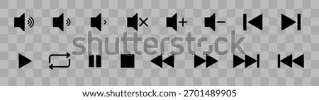 Media player button icons set. Music and video player button: play, pause, next, previous, rewind, fast forward and previous. Action media symbol for app and websites, UI template. Vector illustration