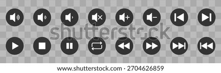 Media player button icons set. Music and video player button: play, pause, next, previous, rewind, fast forward and previous. Action media symbol for app and websites, UI template. Vector illustration