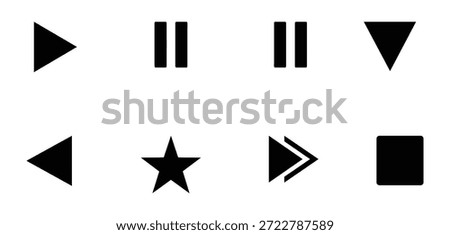Media player button icons set. Pause, star, rewind, fast forward Play video icon collection. Video player icon set. Containing play or start button. Collection of modern  geometric shapes and symbols.
