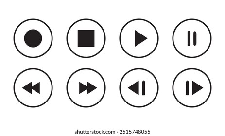 Ícones de botão do Media Player set.Pause, retroceder, avançar rápido Reproduzir coleção de ícones de vídeo.Ilustração de vetor 