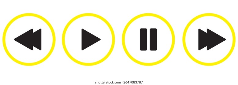 Media player button icons set.Pause, rewind, fast forward Play video icon collection.Vector Illustration. Play button. Video audio player. Music video start sign. Round play button icons.