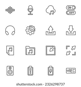 Media player button line icons set, outline vector symbol collection, linear style pictogram pack. Signs logo illustration. Set includes icons as music folder, sound wave, audio file, voice microphone