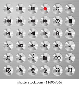 Media player buttons collection. Polished metal buttons with music media symbols.