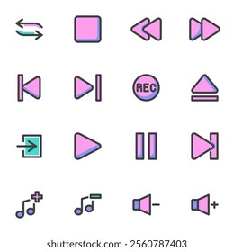 Media player buttons filled outline icons set, line vector symbol collection, linear colorful pictogram pack. Signs logo illustration, Set includes icons as audio and video control buttons, play pause