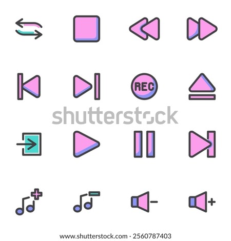 Media player buttons filled outline icons set, line vector symbol collection, linear colorful pictogram pack. Signs logo illustration, Set includes icons as audio and video control buttons, play pause